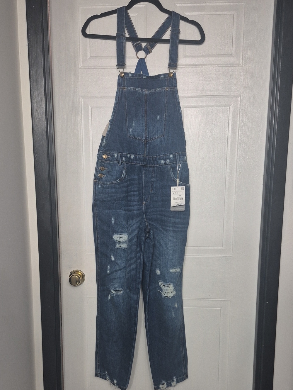 Zara Distressed Denim Overalls - Blue